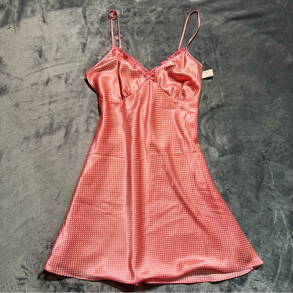 Elegant Pink Polka Dot Satin Nightgown
